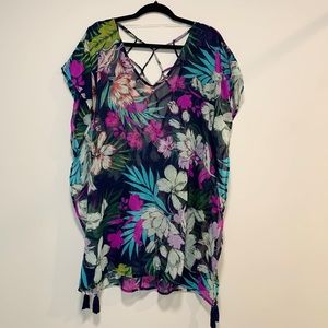 Kona Sol Kimono Swimwear Cover Up, Size M, Navy & Floral, Tassels